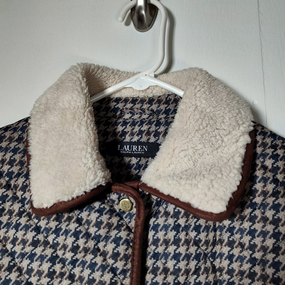 Lauren Ralph Lauren Lightweight Houndstooth Quilted Jacket Faux Sherpa Collar M - Picture 3 of 13
